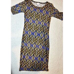Lularoe Julia Dress XXS Womens Black Blue Green Brown Zig Zag Aztec Print